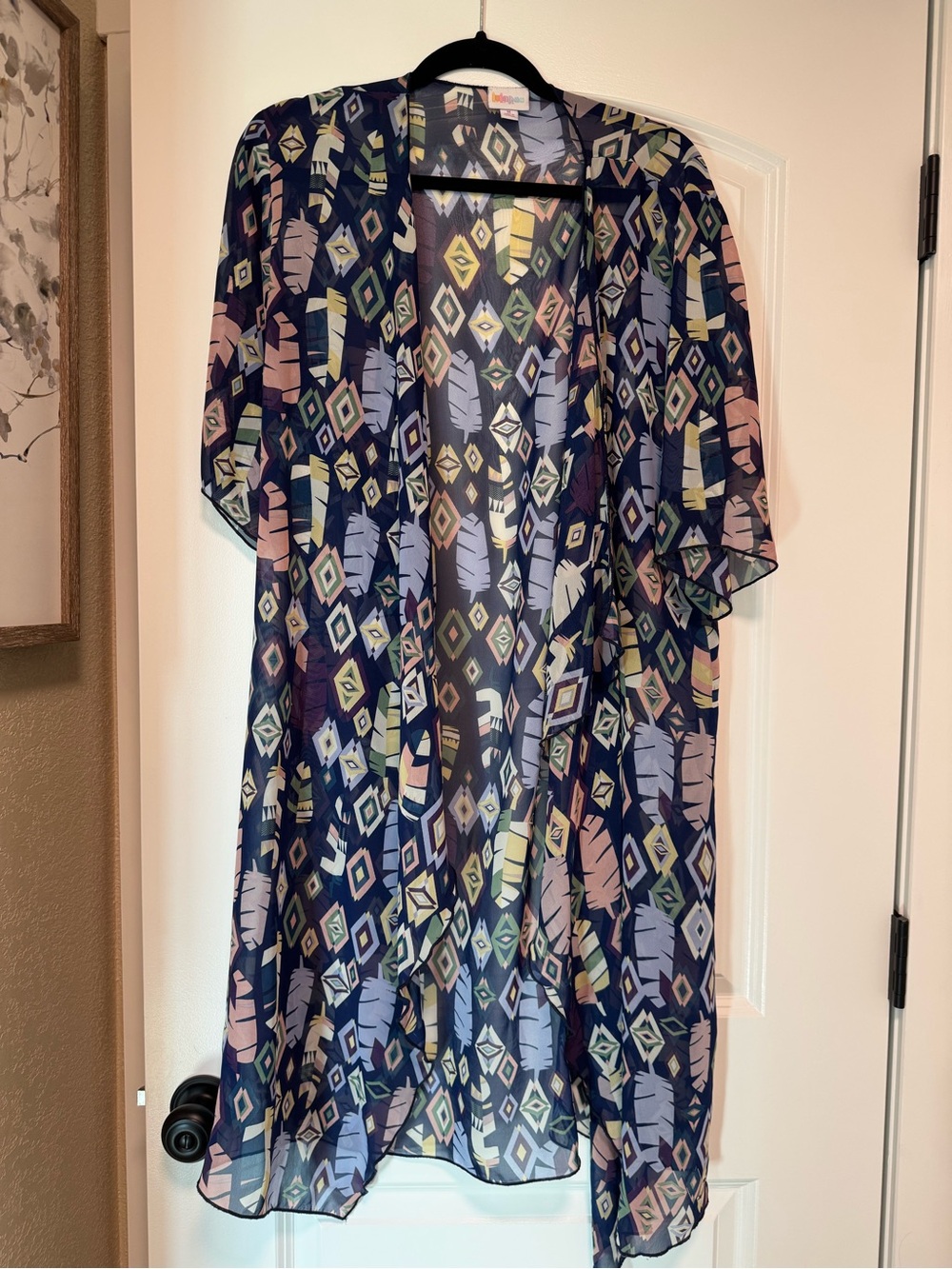 LuLaRoe Navy Multi-Color Geometric Feather Kimono